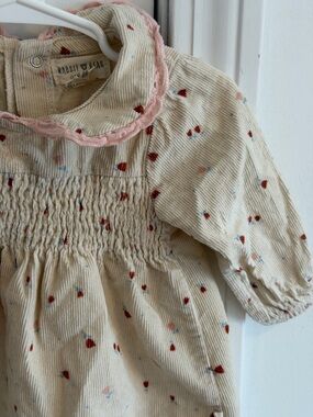 Rabbit & Bear Cream Corduroy Smocked Kids Dress with Pink Trim